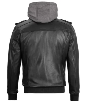 Black Bomber Mens Leather Jacket With Removable Hood