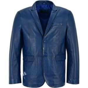 Men's Blue Leather Blazer Jacket
