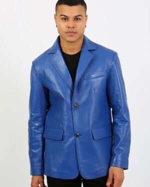 Men's Blue Leather Blazer Jacket