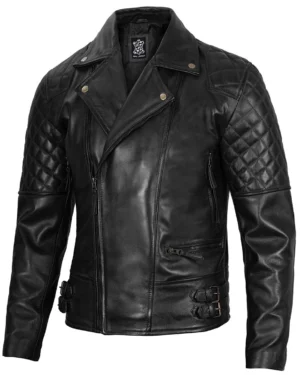 Men's Black Biker Leather Jacket with Asymmetrical Design