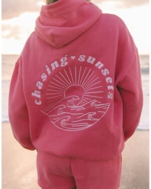 Pink Palm Puff Chasing Sunset Hoodie Oversized