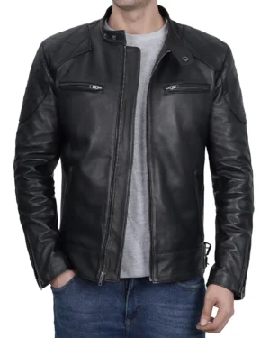 Premium Stylish Men's Black Cafe Racer Leather Jacket With Multi-Pockets