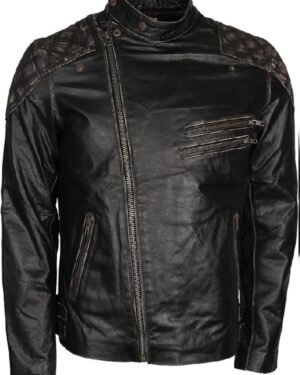 Skull andBones Embossed Distressed Leather Jacket For Mens