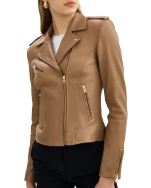 Asymmetrical Beige Leather For Womens Jacket
