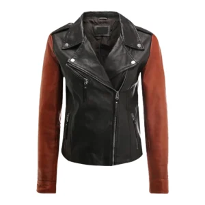 Asymmetrical Two Tone Biker Leather For Women Jacket