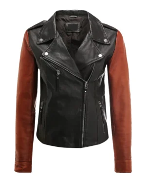 Asymmetrical Two Tone Biker Leather For Women Jacket
