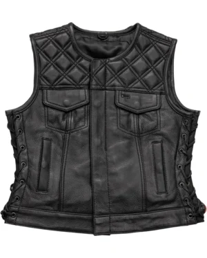 Womens Black Leather Vest Quilted