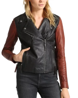 Asymmetrical Two Tone Biker Leather Jacket For Women