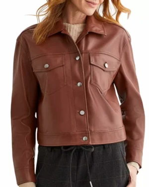 Brown Ember Trucker Leather Jacket Womens
