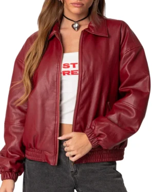 Womens Maroon Genuine Leather Bomber Jacket