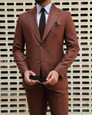 Mens 2 Piece Slim Fit Brick Brown Suit With Collar Lapel