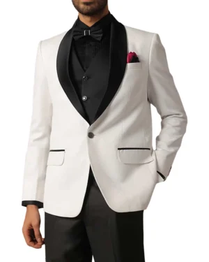 Elegant One Button Three Piece White & Black Tuxedo For Men