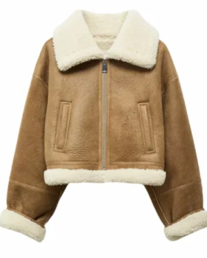 Brown Shearling Lined Leather Jacket For Women.