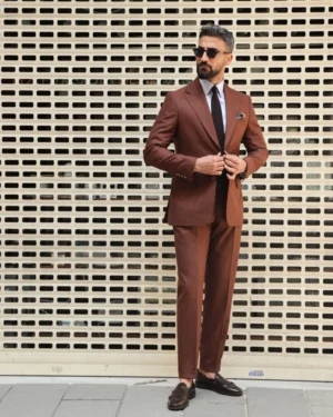 Mens 2 Piece Slim Fit Brick Brown Suit With Lapel Collar