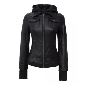 Removable Leather Hood Black Jacket for Womens