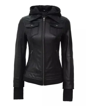 Removable Leather Hood Black Jacket for Womens