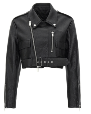 Black Cropped Leather Biker Jacket for Women