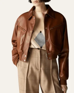 Cropped Style Brown Leather Bomber Jacket for Womens