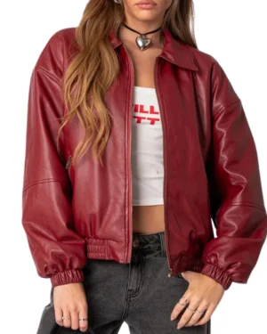 Womens Maroon Genuine Leather Jacket Bomber