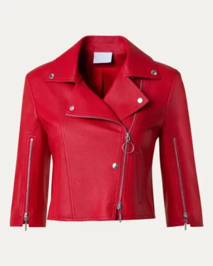Red Crop Moto Leather Jacket for Womens