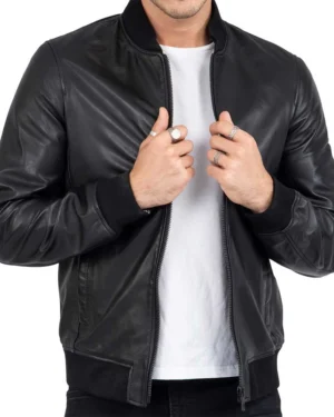 Mens Classic Slim Fit Black Bomber Jacket Leather