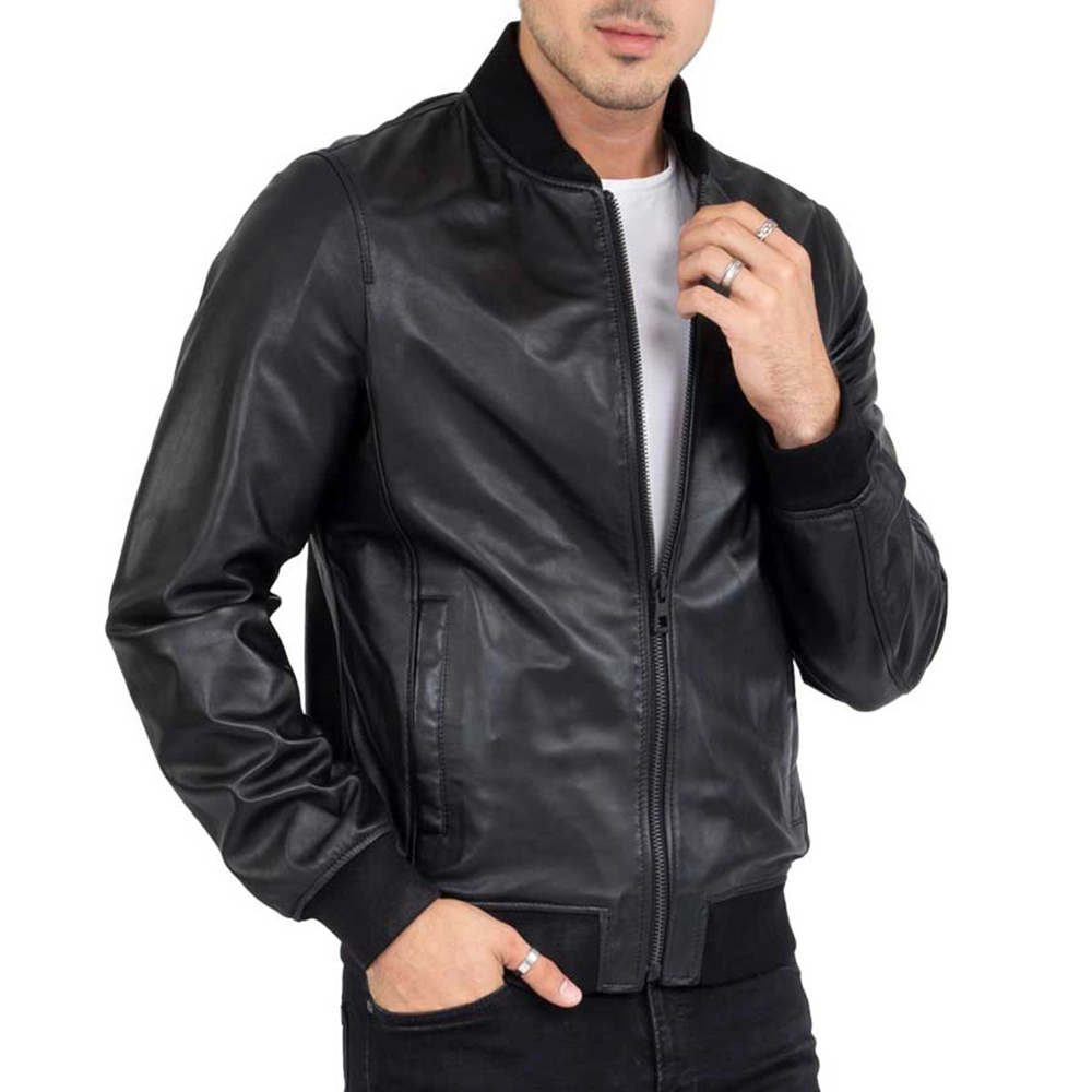 Mens Classic Slim Fit Black Bomber Leather Jacket