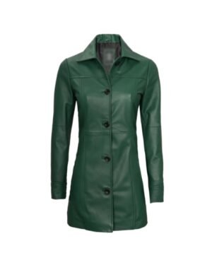 Green Leather Trench Coat For Womens