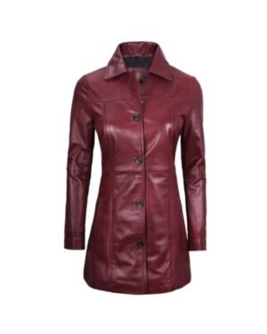 Shirt Style Maroon Leather Coat For Womens