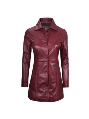 Shirt Style Maroon Leather Coat For Womens