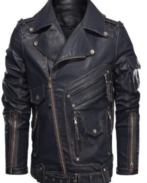 Asymmetric Style Mens Slim Fit Black Leather Biker Jacket
