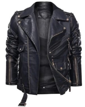 Classic Asymmetric Slim Fit Black Leather Biker Jacket for Men