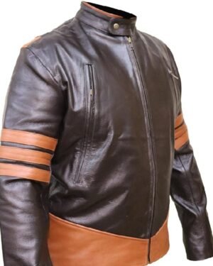 Classic Brown Leather Biker Jacket with White Stripes Inspired by Logan