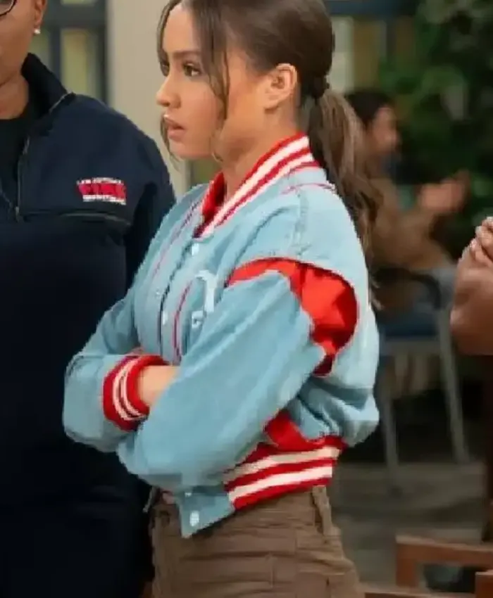 Stylish May Grant Blue Denim Varsity Jacket from 9-1-1 S09 - Image 1